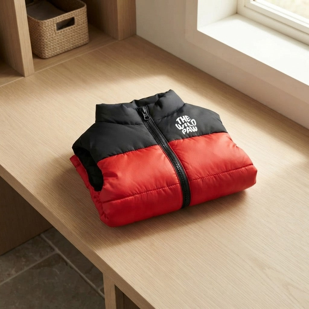 ThermaPuffer Dog Vest by The Wild Paw – Lightweight Puffer, Red & Black